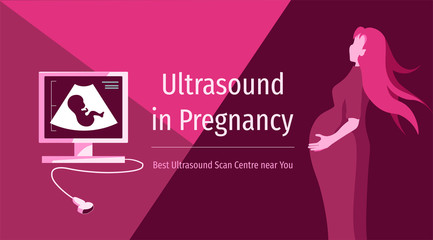 Ultrasound machine with embryo on the screen and pregnant women. Ultrasound diagnostic, sonogram in pregnancy concept.  Vector illustration for poster, banner, cover, flyer, brochure.