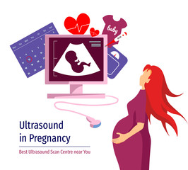 Medical poster or banner for ultrasound diagnostic, sonogram, pregnancy, obstetrics. Ultrasound machine, pregnant women and pregnancy elements. Vector illustration for poster, banner, flyer, brochure.