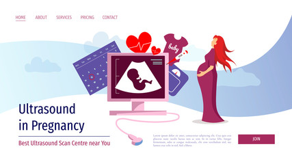 Web page design template for ultrasound diagnostic, sonogram and pregnancy. Ultrasound machine with embryo on the screen and pregnant women. Vector illustration for poster, banner, website.