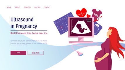 Landing page design for ultrasound diagnostic, sonogram and pregnancy. Ultrasound machine with embryo on the screen and pregnant women. Vector illustration for poster, banner, website.
