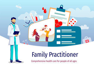 Banner design for family doctor, practitioner, medicine clinic, polyclinic, healthy care. Medical vector illustration for flyer, brochure, cover, poster, banner, presentation.