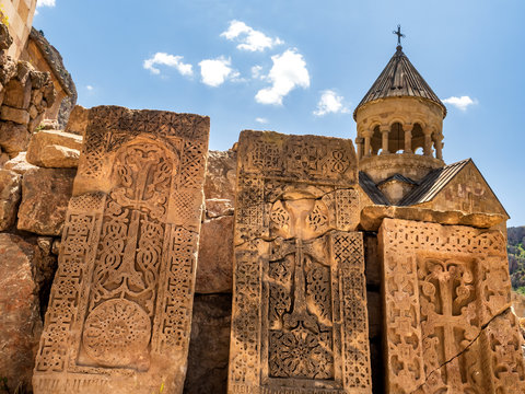 Ancient khachkars (cross-stones) located in Noravank monastery. They are distinctive feature of Armenian Christian culture.