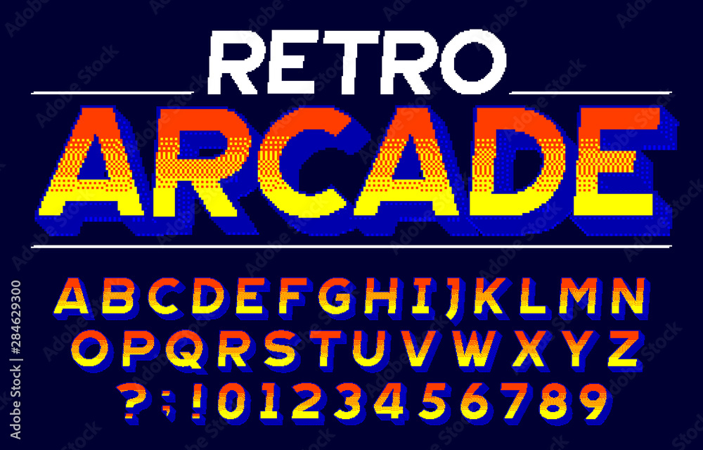Fototapete retro arcade alphabet font. 3d pixel letters and numbers. retro 80s video game typescript.