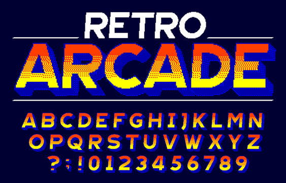 Retro Arcade alphabet font. 3D pixel letters and numbers. Retro 80s video game typescript.