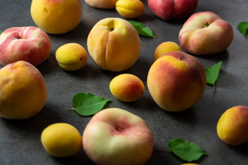 Nice yummy fresh apricots and peaches with green tree leaves on dark texture surface. Summer fruits.
