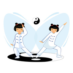 Chinese girls perform exercises Tai chi and qigong