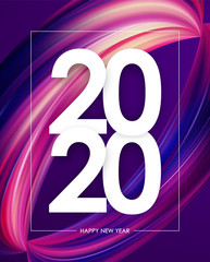 Happy New Year 2020. Greeting poster with colorful abstract twisted brush stroke paint shape. Trendy design