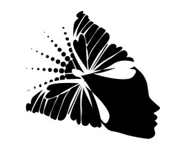 Beautiful girl's profile silhouette with butterflies flying from her hair isolated on white background - vector illustration