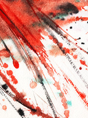 Abstract watercolor background. Splashes and rough strokes of the line Red and black on white. Energetic expressive composition. Hand-drawn picture