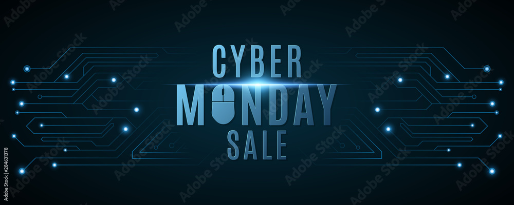 Fototapete cyber monday sale banner. hi-tech background from a computer circuit board. computer mouse. glowing 