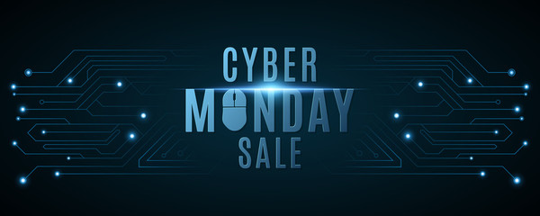 Cyber Monday sale banner. Hi-tech background from a computer circuit board. Computer mouse. Glowing neon blue connecting lines with lights. Vector illustration