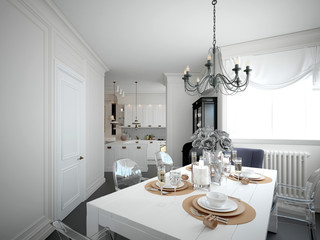 3d render. Kitchen and dining room interior.