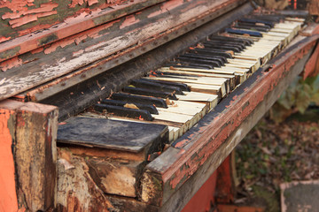 An old broken piano covered with fallen leaves, autumn outdoors.