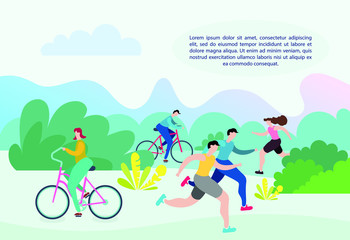 Man and woman characters running, riding bicycle, skateboarding, roller skates, fitness. Active people in the park. Summer outdoor. Flat vector concept illustration