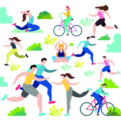 Man and woman characters running, riding bicycle, skateboarding, roller skates, fitness. Active people in the park. Summer outdoor. Flat vector concept illustration
