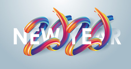 Obraz premium 2020 New Year calligraphy with colorful brushstroke oil or acrylic paint design element for greeting card, flyers, leaflets, postcards and posters. Vector illustration.