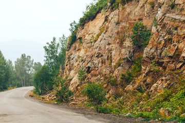 Raw road with rock mountain and green trees