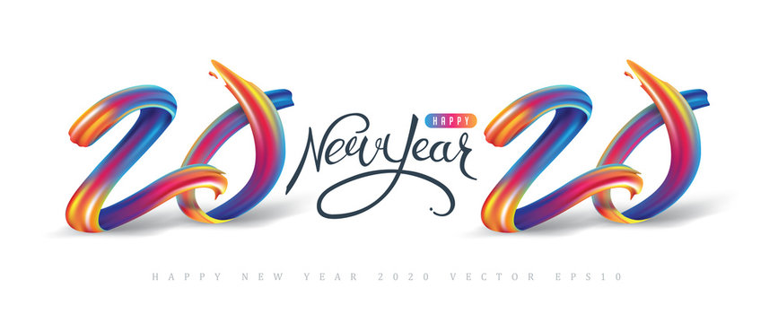2020  New Year calligraphy with colorful brushstroke oil or acrylic paint design element for greeting card, flyers, leaflets, postcards and posters. Vector illustration.