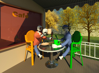 Two businessman characters in discussion over a coffee on a terrace in the park 3D illustration. Perspective view, green area background. Collection.