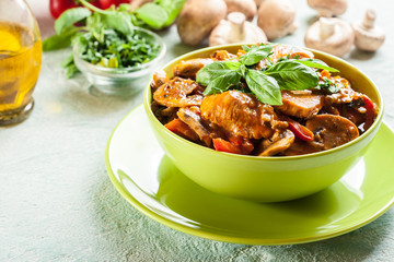 Fresh turkey ragout with mushrooms