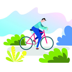 Cute family riding bicycles. Mom, dad and children on bikes at park. Parents and kids cycling together. Sports and leisure outdoor activity. Colorful vector illustration in flat cartoon style.