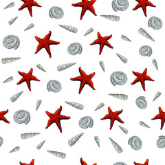 Seamless pattern of shells and starfish for summer design on a white background. Freehand drawing. Marine theme tile.
