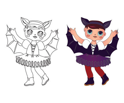 Cute little girl with doll face in Halloween bat vampire costume the children coloring page image. Holiday fun for kids - coloring book hand drawn character with a color example vector illustration is