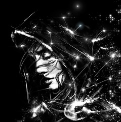 Black and white portrait of a beautiful woman in a hood surrounded by bright constellations , made by rough texture brushes . 2D Illustration.