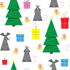 Naklejka premium Vector seamless pattern of funny mouses or rats with cheese, gift boxes, Christmas tree. Happy cute mouse or rat festive background. Design for Christmas, New year, symbol of 2020 in Chinese calendar.