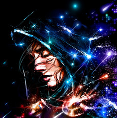 A color portrait of a beautiful woman in a hood surrounded by bright constellations , made by rough texture brushes . 2D Illustration. © warmtail