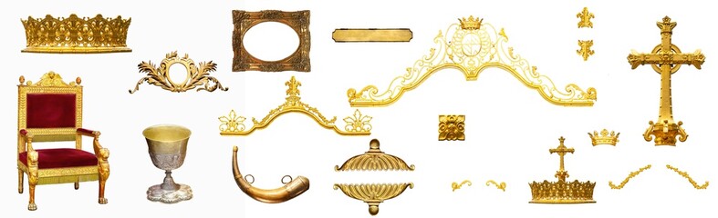Royal gold antiques collection isolated on white background