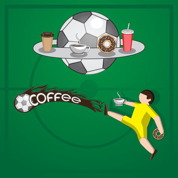 Background football player hits the ball liquid coffee letters Cup doughnut packaging on isolated background. Vector image.