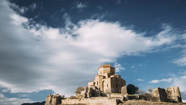 Mtskheta, Georgia. Jvari, Georgian Orthodox Monastery, World Heritage By UNESCO. Beautiful Autumn Mountain Landscape And Ancient Temple