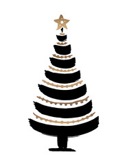 Hand drawn black and gold Christmas tree isolated on a white background. Ink vector illustration. Modern brush calligraphy.