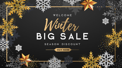Winter poster with golden Christmas snowflakes and stars. Winter big sale poster. Wiinter background