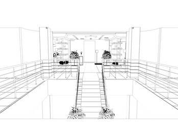 interior, exhibition hall, contour visualization, 3D illustration, sketch, outline
