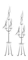 Floor candlestick for 3 burning candles. Accessory for Christmas or Halloween. Line drawing. Vector illustration