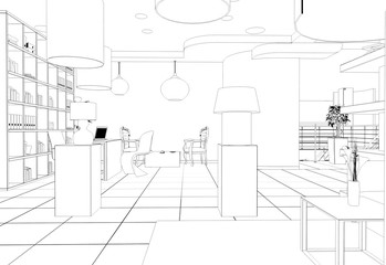 interior, exhibition hall, contour visualization, 3D illustration, sketch, outline