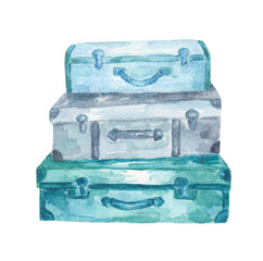 Watercolor suitcases isolated on white background