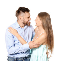 Happy young couple in love on white background