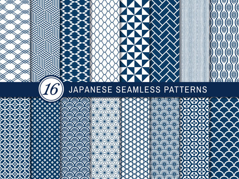 和柄のシームレスパターンセット（青）