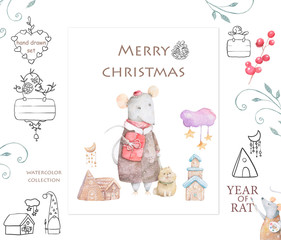 Cute cartoon christmas rat mouse christmas card. Watercolor hand drawn animal illustration. New Year 2020 holiday drawing illustration. Symbol 2020 characters set