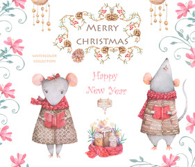Cute cartoon christmas rat mouse christmas card. Watercolor hand drawn animal illustration. New Year 2020 holiday drawing illustration. Symbol 2020 characters set