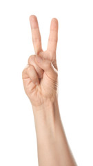 Female hand showing two fingers on white background