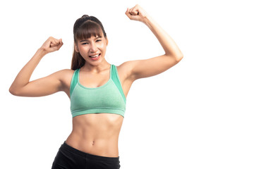 Fitness woman white background. Asian woman. Very happy cheering mood.
