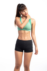 Fototapeta premium Fitness woman in pain. Asian girl, rubbing her neck.