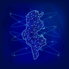 Global logistics network concept. Communications network map Tunisia on the world background. Map of Tunisia with nodes in polygonal style. Vector illustration EPS10. 