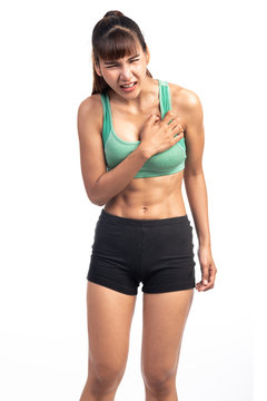 Fitness woman in pain. Asian girl, chest pain, heart attack.