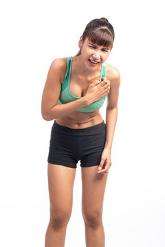 Fitness woman in pain. Asian girl, chest pain, having a painful heart attack.