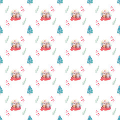 Watercolor seamless pattern Hand drawn Burning candle in christmas candlestick of fir branches with colorful painting red scarf and blue tree. Holiday illustration. colorful on white background
